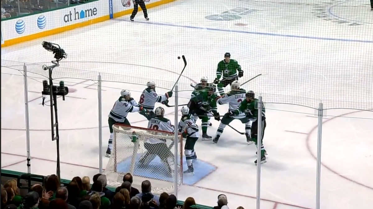 Sportsnet's tweet photo. Tyler Seguin smashes Jared Spurgeon in the face trying to bat the puck out of the air. https://t.co/kx0HKBEyjs https://t.co/OZS3M2h9Vs