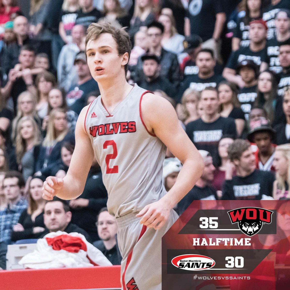 WOU_Wolves's tweet photo. #WOUMBB:Leading the 1st half & #WOUblackout Fans are Loud and Proud!!! @ROOTSPORTS_NW! #wolvesvssaints @SMUSaints https://t.co/j1sbScpgqd