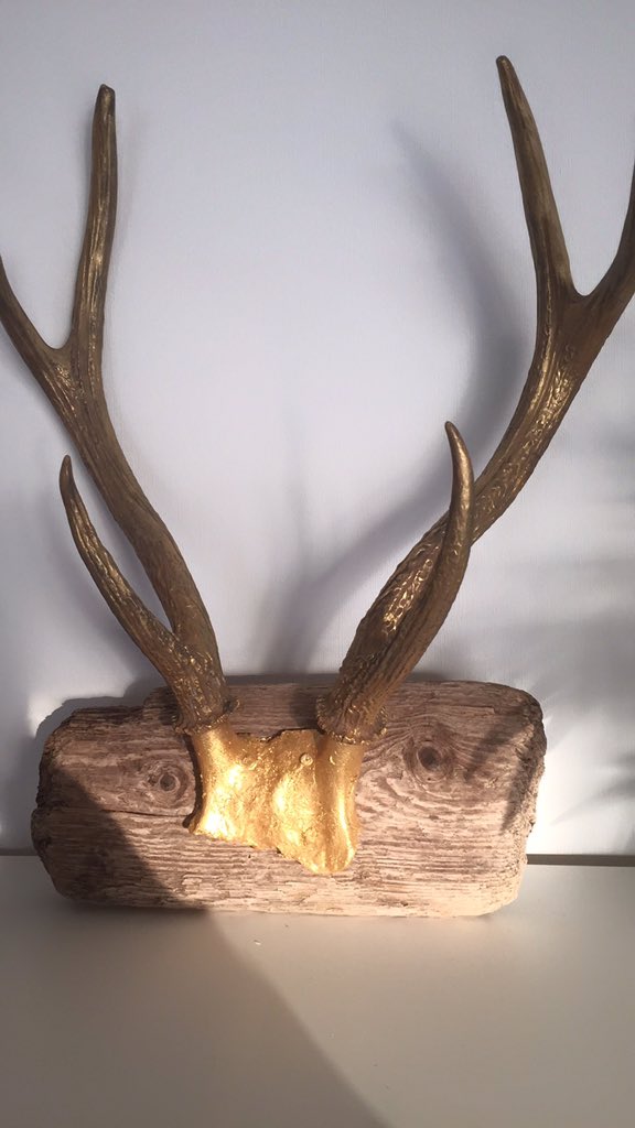 _Present2Day's tweet image. Echt gewei op wrakhout! Met goudkleurige verf bewerkt. Kijk voor meer woonaccessoires op present2day.com