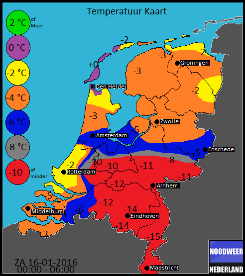 Temperaturen kaart voor de nacht 15 - 16 Januari. (vooruitzicht) #Bizar. Temperaturen verschillen enorm!