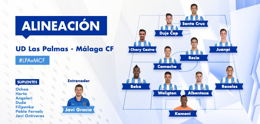 MalagaCF's tweet photo. #11MCF| Kameni; Rosales, Albentosa, Weligton, Boka; Camacho, Recio, Juanpi, Chory Castro; Čop, Santa Cruz. #LPAvMCF https://t.co/LX7k63s45n