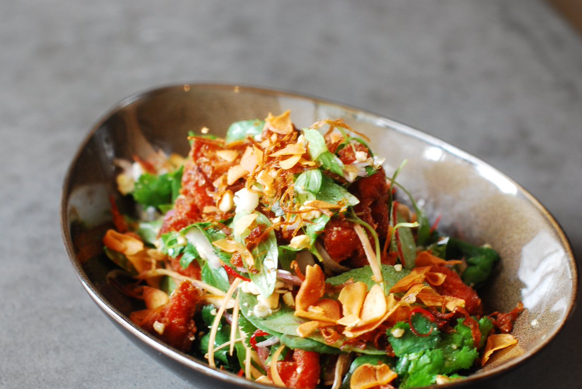 st_hotel's tweet photo. Close up of our incredibly popular crispy smoked trout salad with banana blossom, thai basil and cashews, yum https://t.co/abIuVIJn1c