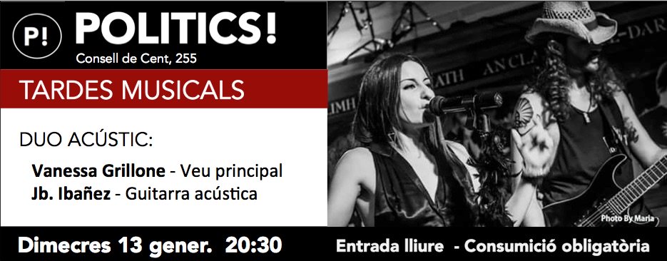 ZoominEixample's tweet photo. #Música en #directe aquest dimecres a POLITICS! No et perdis una tarda diferent a mitja setmana! @Politics_Bar https://t.co/Bq06fCnnyw