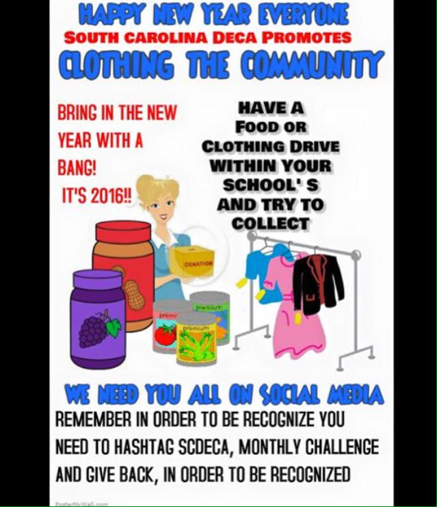 SCDECA's tweet photo. It's cold outside! This month SC DECA challenges you to donate food, coats, and clothing to the less fortunate! https://t.co/1jd3sBfEZI
