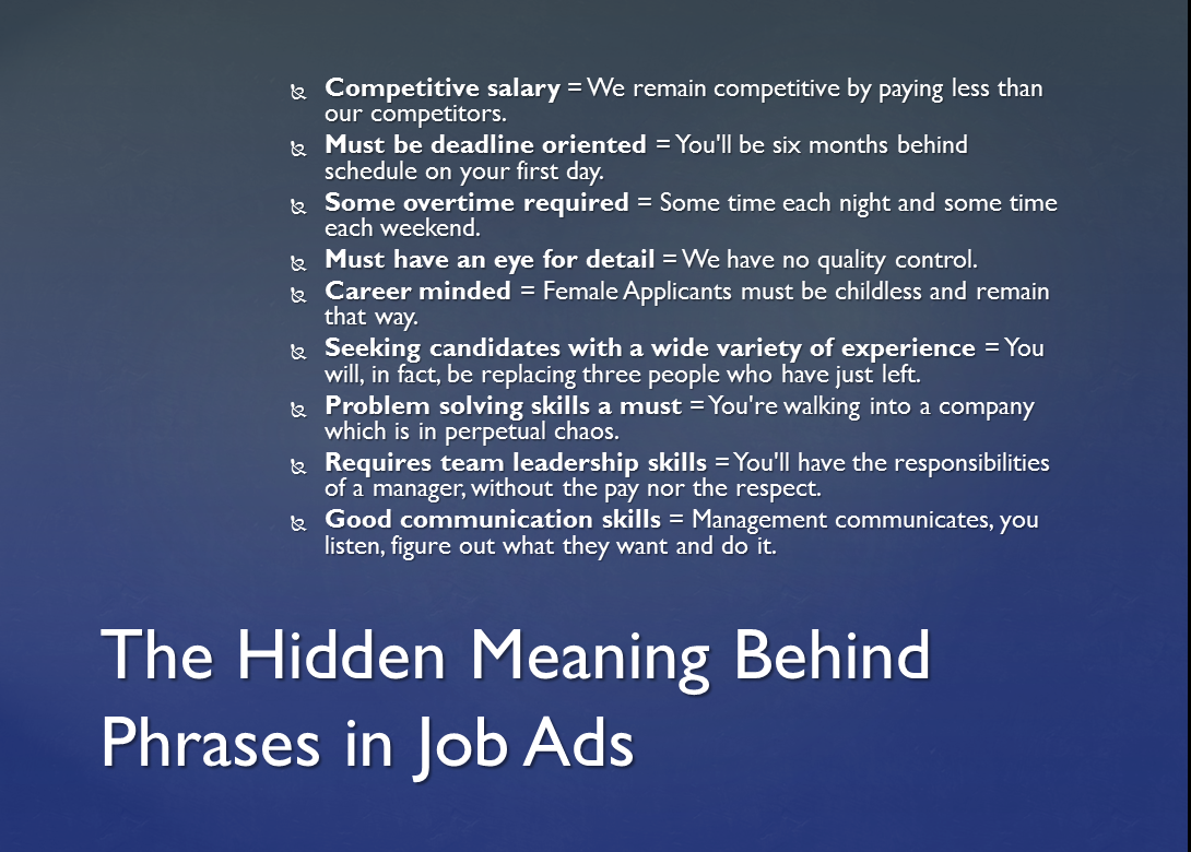MayaDroeschler's tweet photo. The hidden meaning behind typical phrases used in #job ads.
#HR #recruiting https://t.co/ENQJrhBZ21