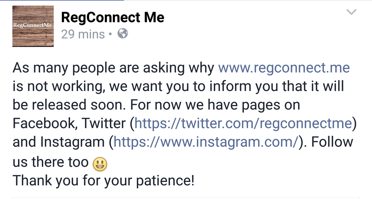 regconnectme's tweet photo. Announcement about website #regconnectme Be patient 😀 https://t.co/wpGS6ufBbw