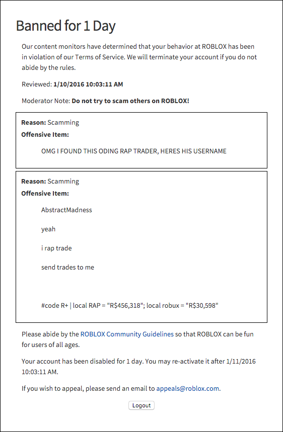 Logan On Twitter Got This 1 Day Ban This Is So Stupid Roblox Infoatroblox 2 Https T Co Wn7bvpo0yt - 1 roblox updater robloxforsale twitter