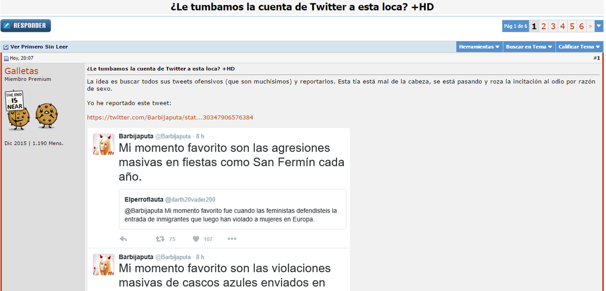 WikiForocoches's tweet image. Aquí observamos un espécimen de #machiruloFC llamando al reporte masivo a @Barbijaputa #SeresLuz
