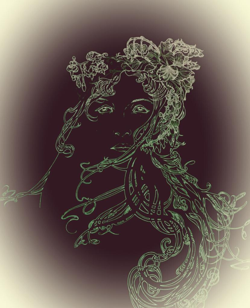 KimIllustrate's tweet photo. Inverted image of the mucha style head i am working on. I like the negative version - has given me an idea . . . . https://t.co/IZbqiAgaeS