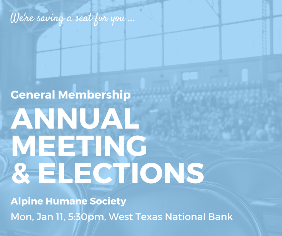 AlpineHumane's tweet image. AHS General Membership Annual Mtg &amp;amp; Elections! Mon, 1/11, 5:30. Everyone welcome! Pay your dues &amp;amp; cast your vote!