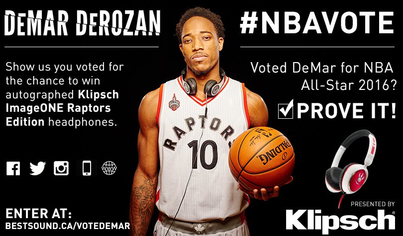Prove you voted for DeMar DeRozan in #NBAVote and you could win with <a href="/KlipschAudioCAN/">Klipsch Audio Canada</a> bestsound.ca/votedemar