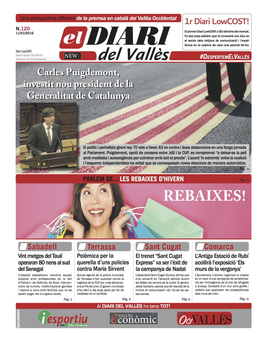 Portada #DiariLowCOST 120 <a href="/DIARIdelVALLES/">Diari del Vallès</a> #DESPERTEMelVALLÈS
#SOM-HI! #ESFORÇ #PERSEVERANÇA #BonHUMOR .<a href="/KRLS/">krls.eth / Carles Puigdemont</a> <a href="/Govern/">Govern de Catalunya</a>