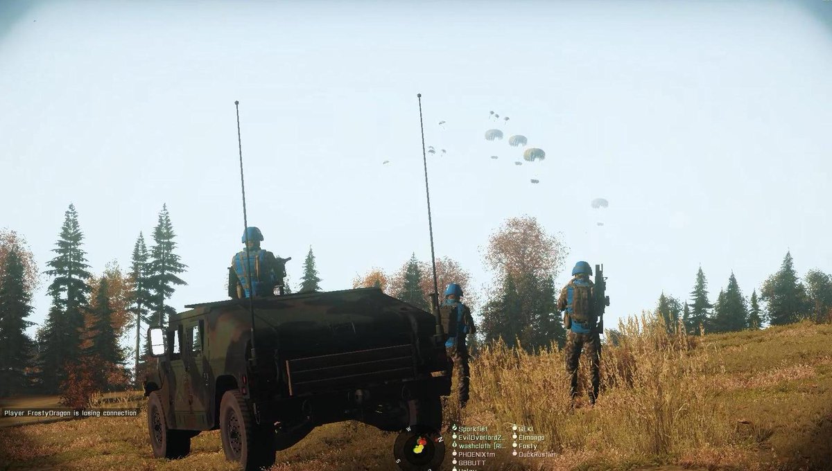 RIFM_Outfit's tweet photo. Yes, that is an enemy platoon you can see parachuting in. Trucks and all. Interesting reinforcement choice #arma3 https://t.co/NYpEKw1fa8