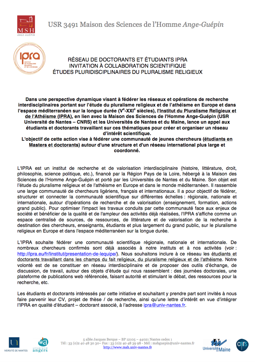 IPRA_eu's tweet photo. appel pour réseau #doctorants et #etudiants IPRA - #religons #laïcité #athéisme #recherche #SHS #interdisciplinaire https://t.co/n2cha7pC2V