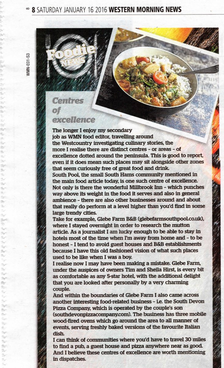 Thank you <a href="/WMNNews/">Western Morning News</a> for a good review of #southpool and <a href="/GlebeFarmBandB/">GlebeFarmBandB</a> and the <a href="/southpoolducks/">Millbrook Inn</a>
