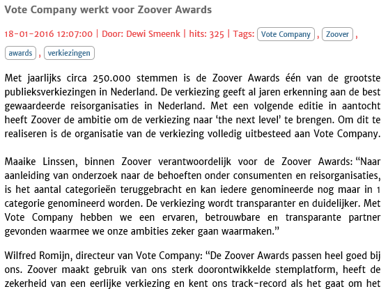 Nederlands Media Nieuws vandaag over de samenwerking tussen Zoover en Vote Company; nederlandsmedianieuws.nl/media-nieuws/V…