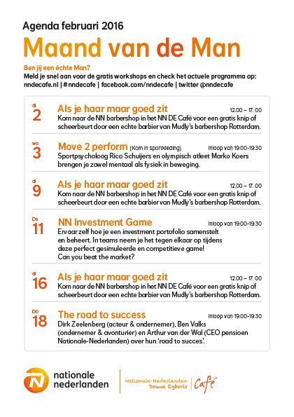 Februari: De Maand van de Man! Kom langs voor één of meerdere activiteiten. Voor info: kijk op nndecafe.nl.