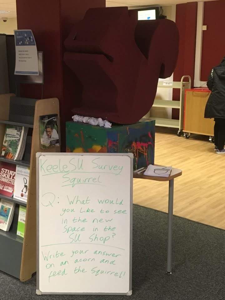 Hol_KeeleSU's tweet image. The @KeeleSU Survey Squirrel is on tour in @KeeleLibrary. Write your answers to its question on an acorn and feed it