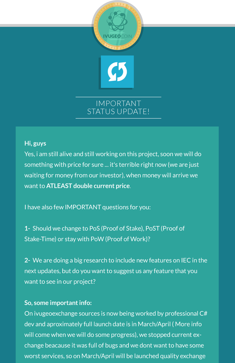 Vindyne8's tweet photo. $IEC update #ivugeocoin from dev team https://t.co/i1FYEjmnP1 PoS? community input needed! @bitnodesnet & more #RT https://t.co/2ljkD0yNE2