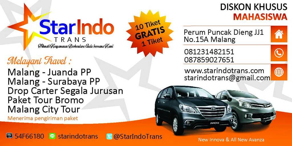Di @StarIndoTrans TRAVEL Malang-Juanda-Surabaya PP, Drop Carter, Tour Batu Malang, Kawah Ijen, Diskon MAHASISWA.