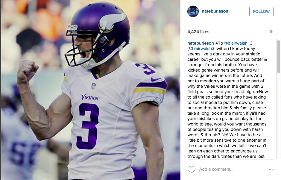Rachel__Nichols's tweet photo. Nate Burleson, showing why he's a stand-up guy, with a message for @BlairWalsh3, another good guy who had a bad day. https://t.co/lB0gMMEsR4