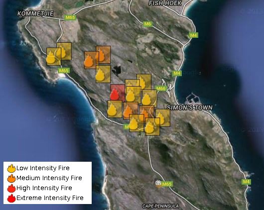 CapeTalk's tweet image. The #ScarboroughFire a 1pm taken from the Advanced Fire Information System covering over 2 000 ha (1 ha=rugby field)