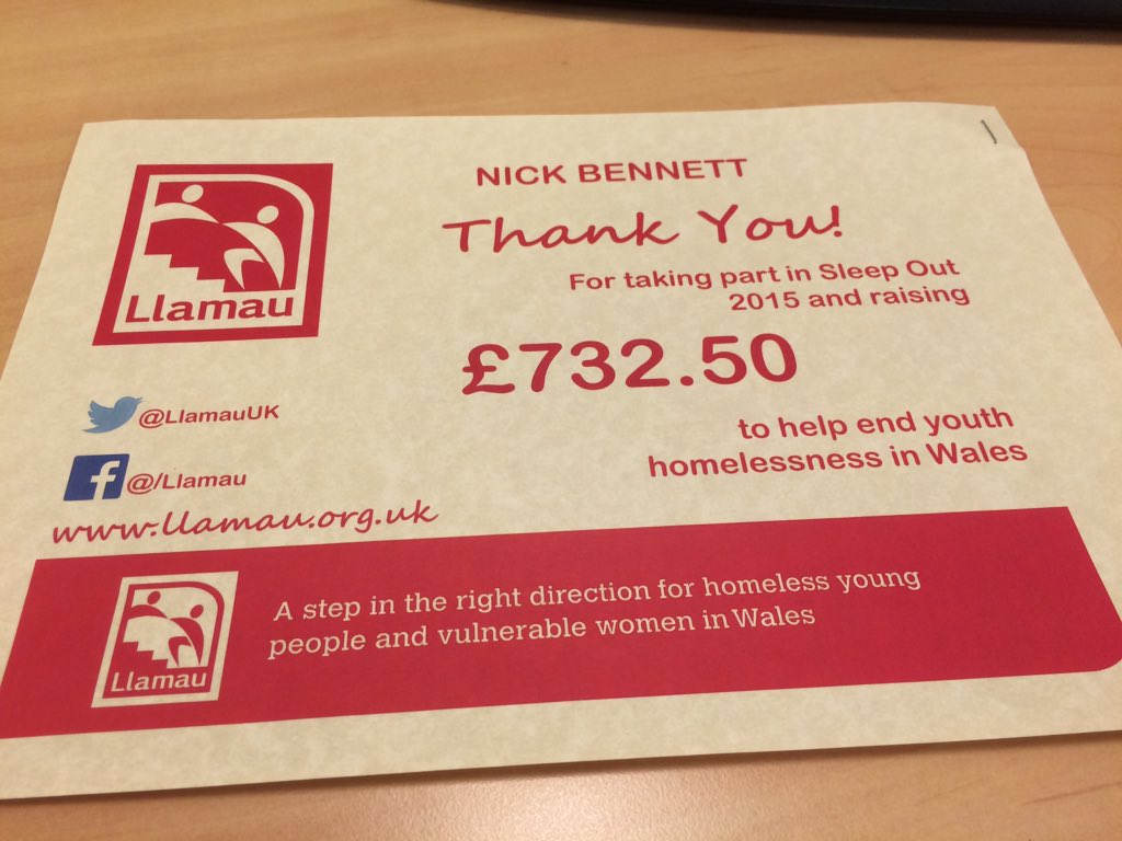 Nick_Bennett1's tweet photo. @LlamauUK and to everyone who sponsored me - I bawb ddaru noddi fi #sleepout2015 https://t.co/HlXnrpos7z