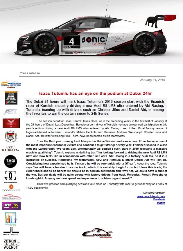 CTRPress's tweet photo. Spaniard of Kurdish heritage @isaactutumlu will take part at Dubai 24h, the curtain-raiser to @24HSERIES https://t.co/bw9zgJrCVJ