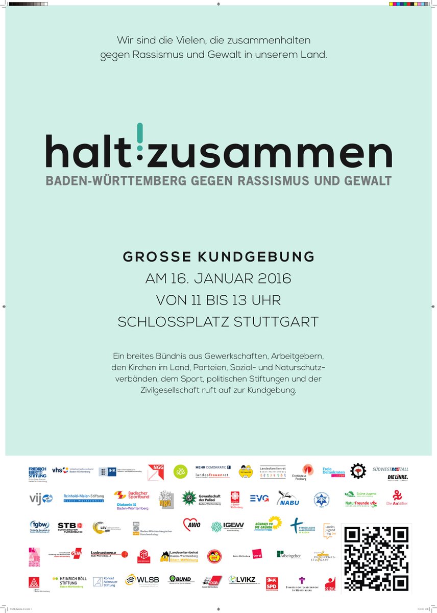 DGB_BW's tweet photo. Halt Zusammen - Baden-Württemberg gegen Rassimus und Gewalt. Kommt am 16.01.2016 nach Stuttgart! #dgb https://t.co/D3jPxDLelC