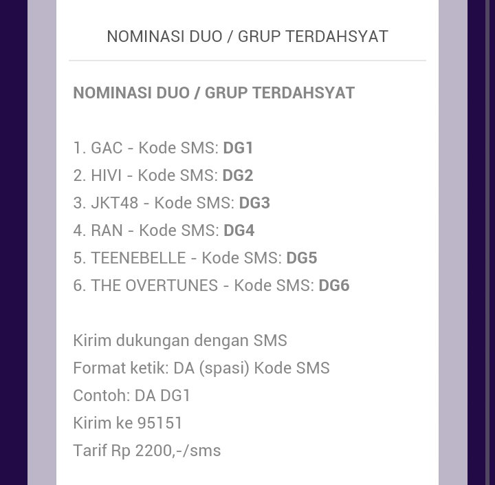 Vote kita ya di Dahsyat Awards 2016. Caranya ketik "DA DG2" kirim ke 95151 untuk nominasi Duo/Grup Terdahsyat