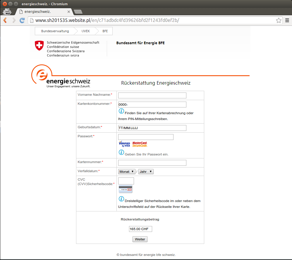 GovCERT_CH's tweet photo. Achtung Phishing: Laufende phishing Kampagne gibt vor vom Bundesamt für Energie BFE bzw. @EnergieSchweiz zu stammen https://t.co/XMJkvyYN1N