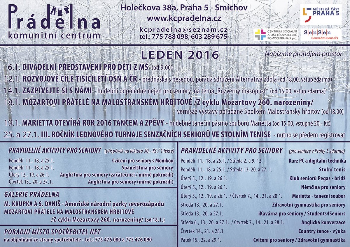 Komunitní centrum prádelna sídlící na adrese Holečkova 38a si pro své návštěvníky v lednu připravilo bohatý program: