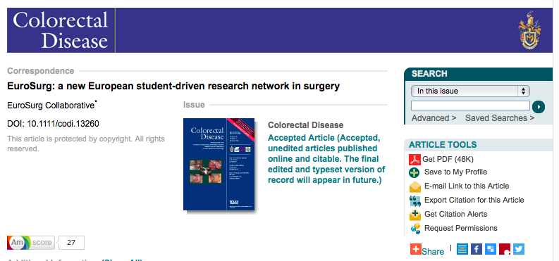 The authorship of our <a href="/ColorectalDis/">Colorectal Disease</a> letter is simply <a href="/EuroSurg/">EuroSurg Students</a>, demonstrating our ethos of collaborative authorship
