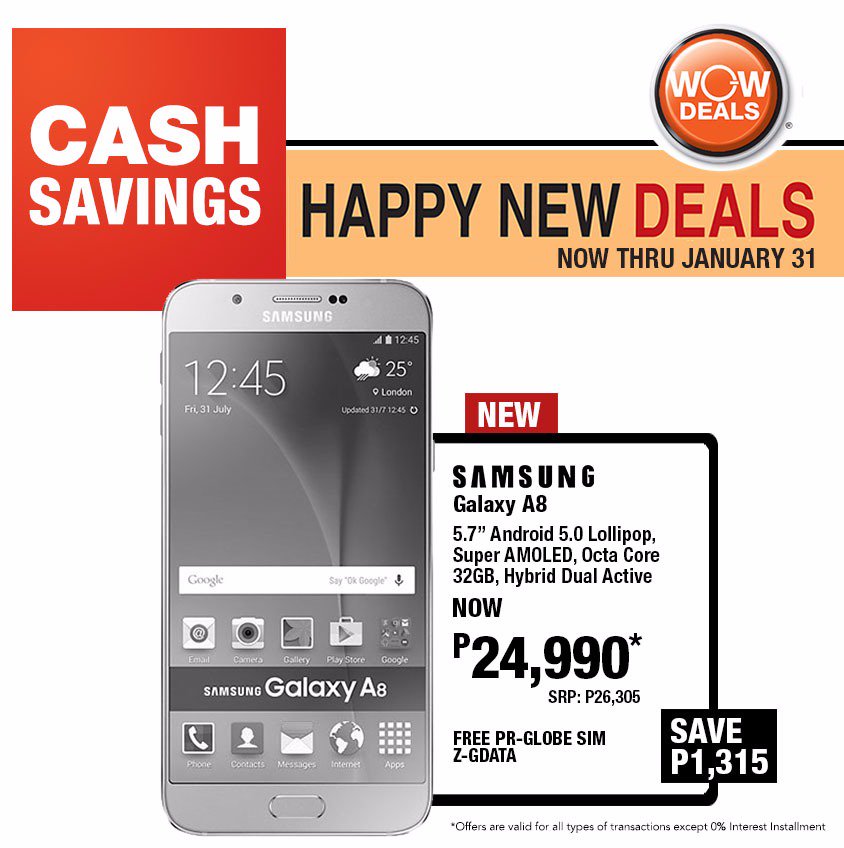 smappliance's tweet photo. Get this Samsung Galaxy A8 for only P24,990 (SRP P26,305) plus FREE Globe Sim Z-G Data from now until January 31 ! https://t.co/rEe4voPGVU