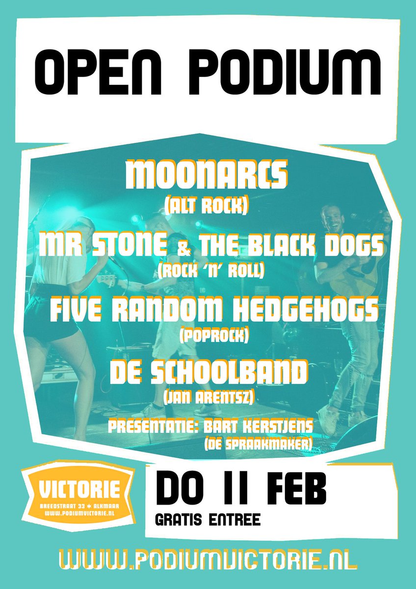 openpodium072's tweet photo. Op 11 februari op het Open Podium! MoonArcs, Mr Stone &amp; the Black Dogs, Five Random Hedgehogs en De Schoolband (JA) https://t.co/Gy2LFSQ15W