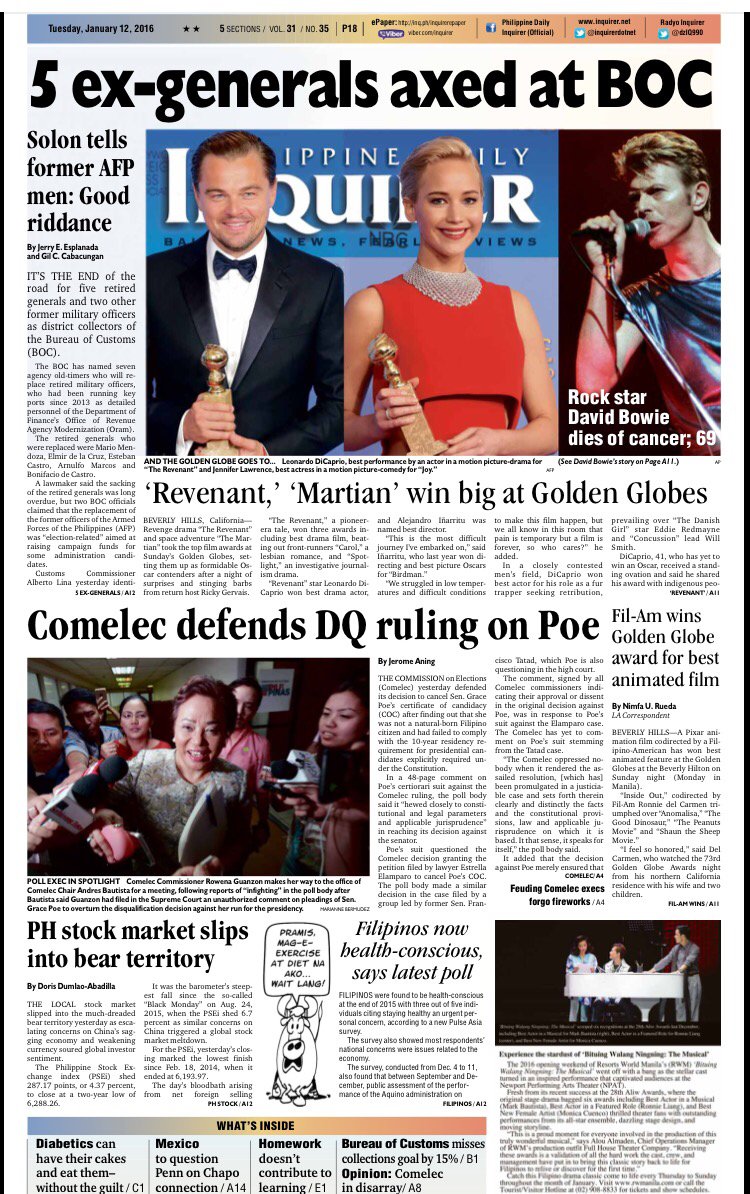 Inquirer Reporters (@team_inquirer) on Twitter photo LOOK: #GoldenGlobes winners <a href="/LeoDiCaprio/">Leonardo DiCaprio</a> #JenniferLawrence on the front page. Also #Comelec inq.ph/inquirerepaper LOOK: #GoldenGlobes winners <a href="/LeoDiCaprio/">Leonardo DiCaprio</a> #JenniferLawrence on the front page. Also #Comelec inq.ph/inquirerepaper