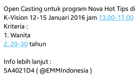 SesepuhNFT's tweet photo. Open casting untuk program Nova Hot Tips di K-Vision tanggal 12-15 Januari 2016, Jam 13.00-17.00.. ( @emmindonesia ) https://t.co/Jticba3YGZ