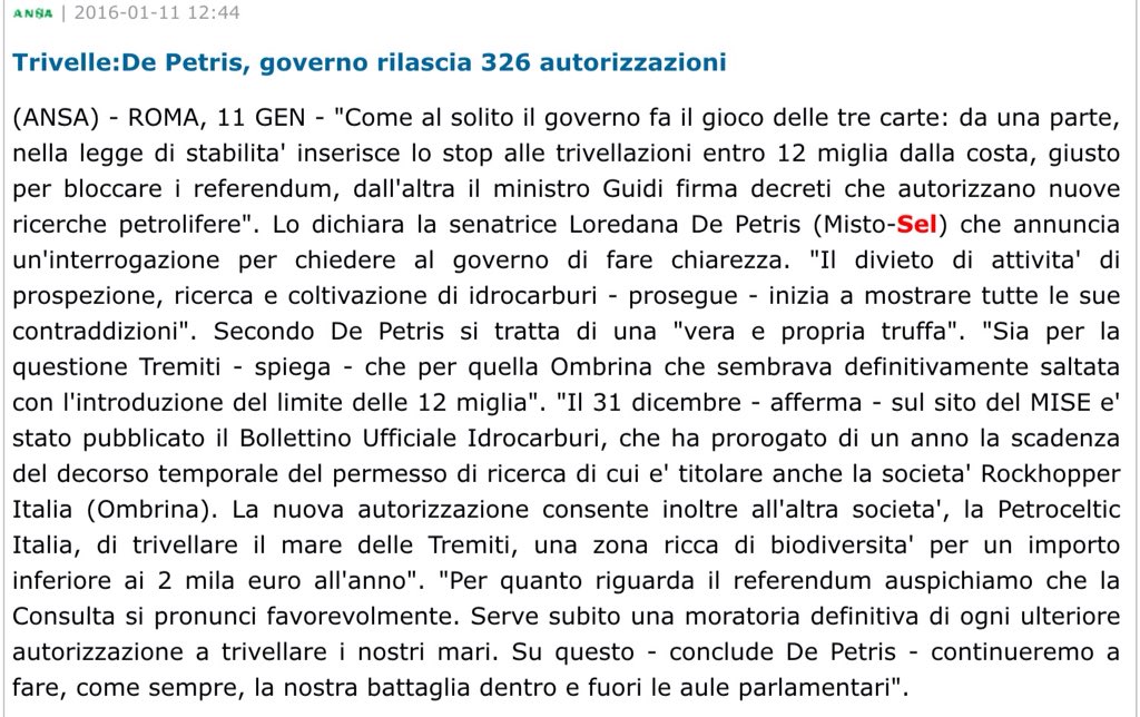 SI_sinistra's tweet photo. #notriv @PetrisDe :il regalo di Capodanno di Renzi, governo rilascia 326 autorizzazioni trivellazione mari italiani https://t.co/ygg7zoN91F