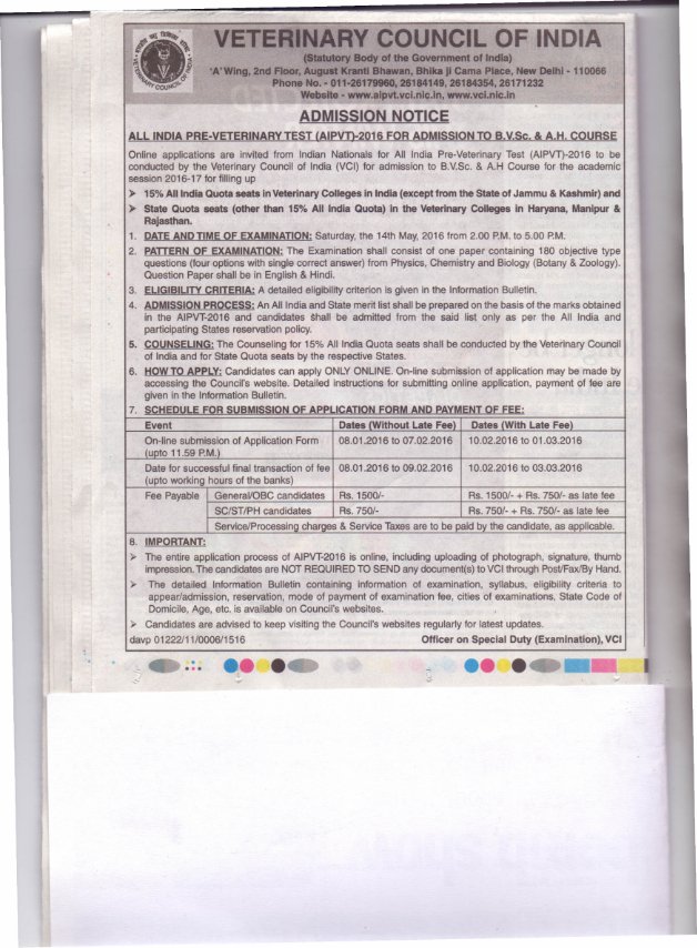 Admission Notice for AIPVT-2016
