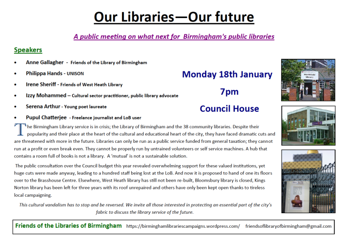 IAmBirmingham's tweet image. The Friends of the Library of Birmingham are holding a meeting public meeting on Monday 18th January. #OurLibraries