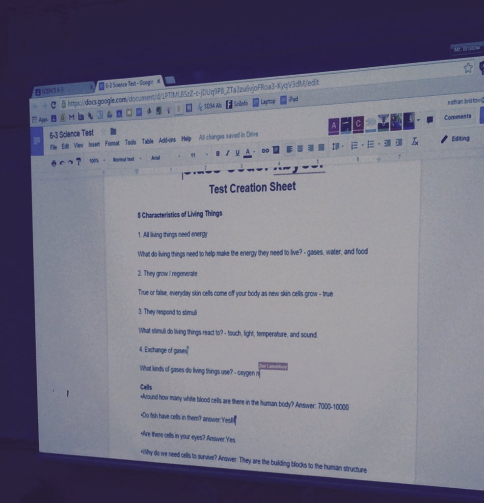 Grade 6s creating their Science test on google docs. "If a cell is a city what would the endoplastmic reticulum be?"
