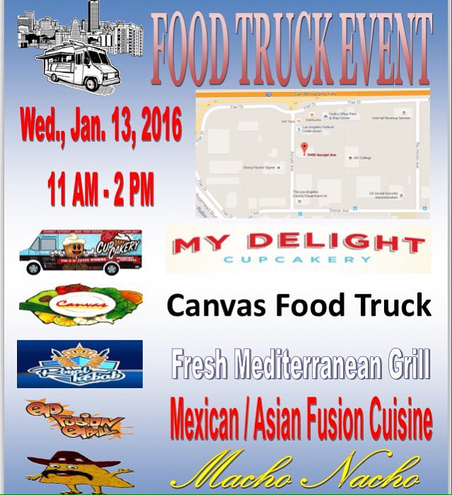 Lunch 1/13 3400 Aerojet ave El Monte  <a href="/MyDelightTruck/">My Delight Truck</a> <a href="/CanvasFoodsLA/">Canvas Food Truck</a> <a href="/gofusionngrill/">Go Fusion N Grill</a> <a href="/MachoNachoTruck/">Mr. Nacho</a> <a href="/Royal_Kebab1/">Royal Kebab</a>
