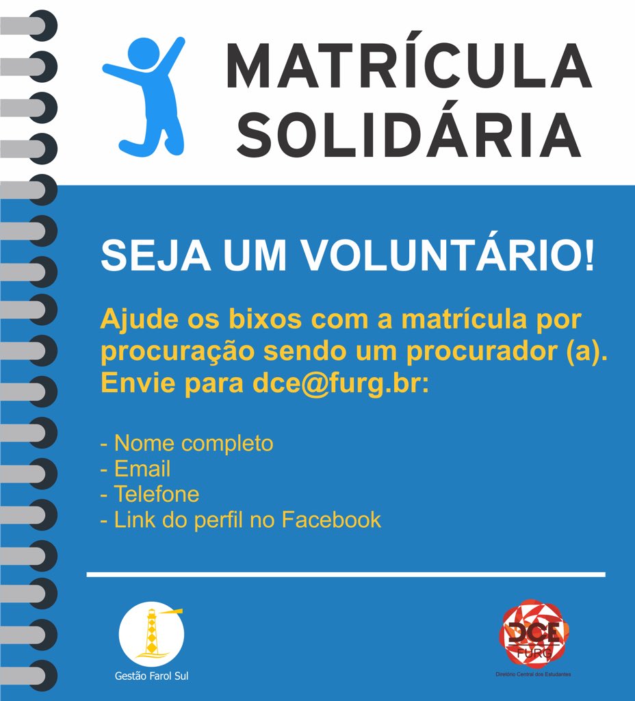 DCEFURG's tweet photo. Ano novo, bixos novos. Seja procurador(a) na matrícula solidária e ajude um bixo! https://t.co/NCi9wRZe0M https://t.co/LzL3UbVWOQ