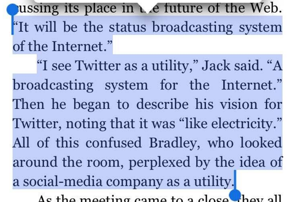 What Twitter CEO said about free speech. I don’t remember the water company shutting me off for my opinions, <a href="/jack/">jack</a>