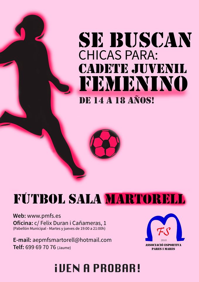 Si eres chica entre 14 y 18 años ven a probar!
Para mas información: 669 69 70 76 - Jaume