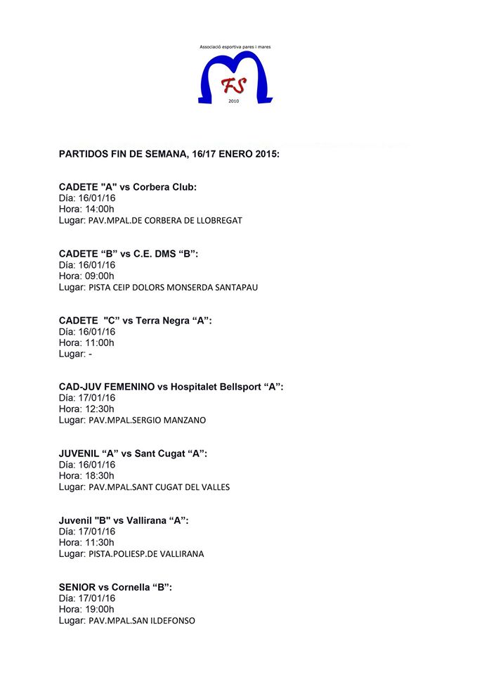 PARTIDOS FIN DE SEMANA, 16/17 ENERO 2016: