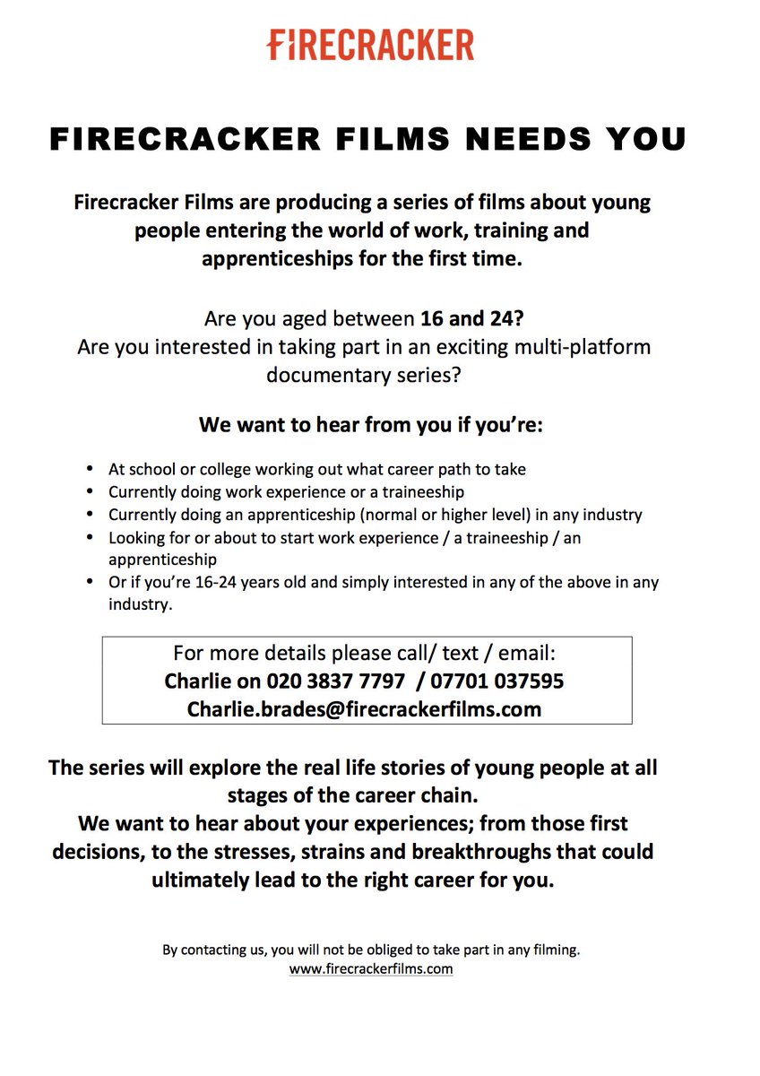 @UWLAppChef pls RT! looking for young apprentices for our new documentary! charlie.brades@firecrackerfilms.com