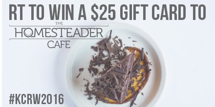 RestaurantWeek's tweet photo. Today's 2nd #KCRW2016 gift card giveaway: @HomesteaderCafe! RT to win a $25 gift card, winner chosen tomorrow! https://t.co/RgRga3BnKk