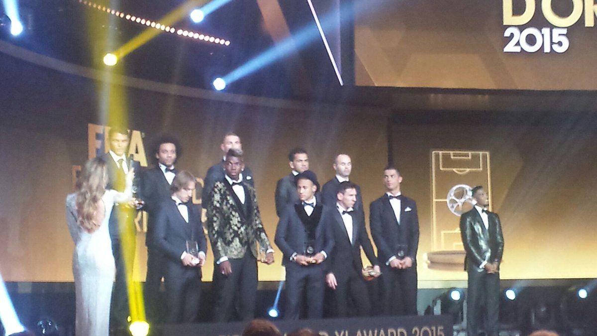 juventusfcen's tweet photo. .@paulpogba takes to the stage for tonight's @FIFPro #WorldXI group photo. #BallondOr https://t.co/jJ9mGgQekq