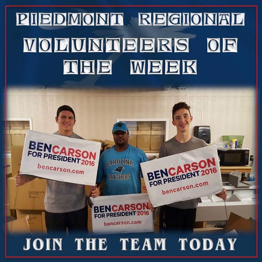 Joestjohn68's tweet photo. Thanks to our #volunteers of the week for the Piedmont Office in SC for @RealBenCarson #win4ben #teamcarsonsc https://t.co/DPuWbDtNlc